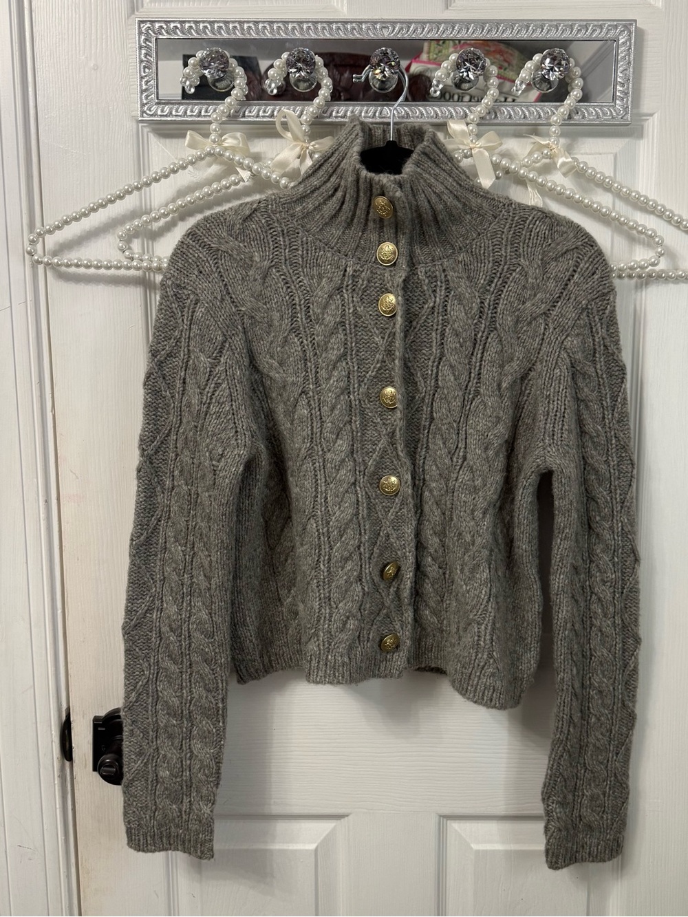 J. Crew Gray Cable-Knit Button Cardigan with Gold Buttons